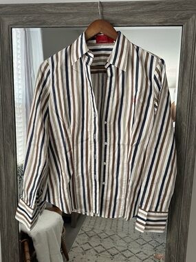Carolina Herrera Womens Striped Button-Up Shirt in White, Brown & Navy